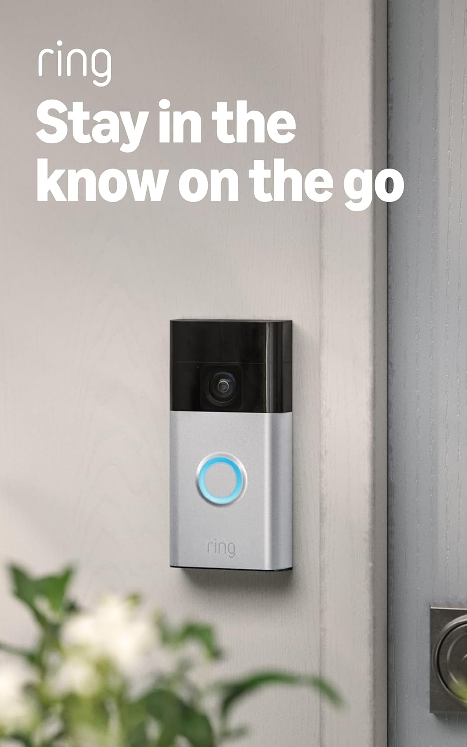 Ring Battery Doorbell in satin nickel mounted beside a door